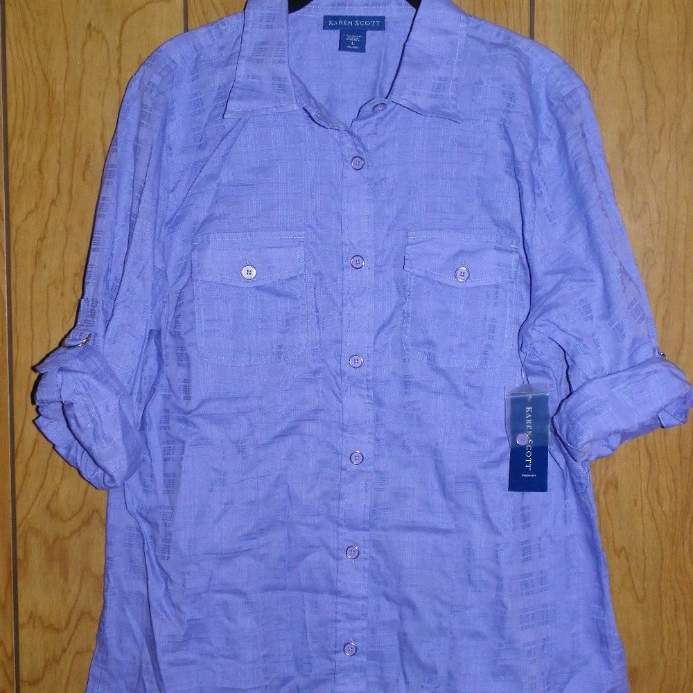 KAREN SCOTT Purple Sheer Button Front Shirt NWT